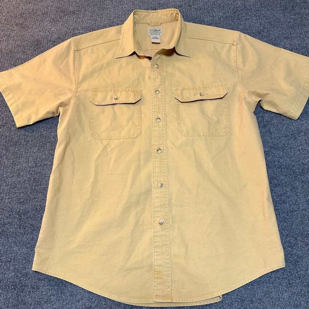 LL Bean Mens Traditional Fit Short Sleeve Cotton Button Down Shirt Tan M-REG